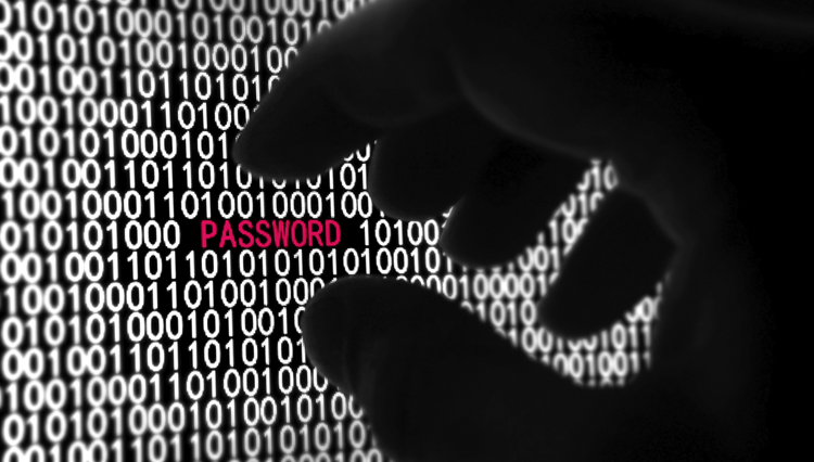 A black gloved hand reaching towards the word, 'PASSWORD' in pink, which is surrounded by wall of binary numbers